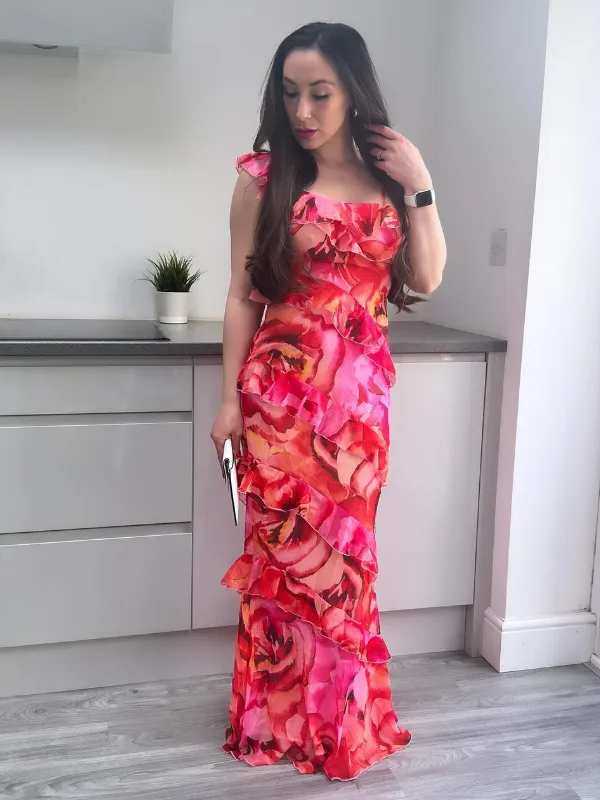 17 Fall Wedding Guest Dresses Over 40 That Look Expensive 13 12. Red and Pink Rose Print Ruffle Maxi