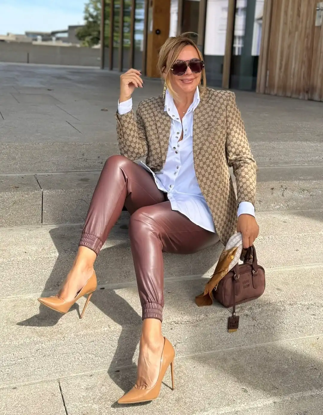 17 Leather Outfits Over 40 (Not Costumey) 15 14. Leather Jogger Pants with Monogram Blazer