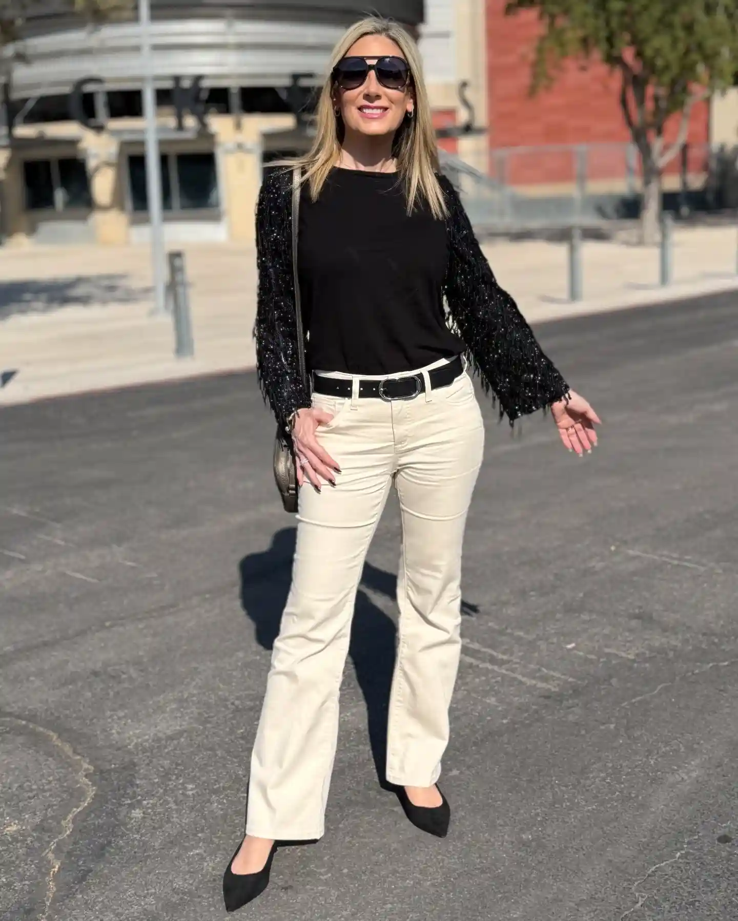 14. Fringe Sleeve Top with Cream Bootcut Jeans