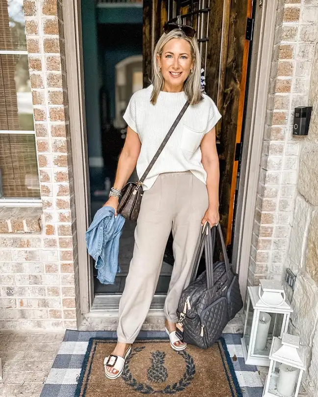 Ivory Knit Top with Taupe Joggers and Buckle Slides
