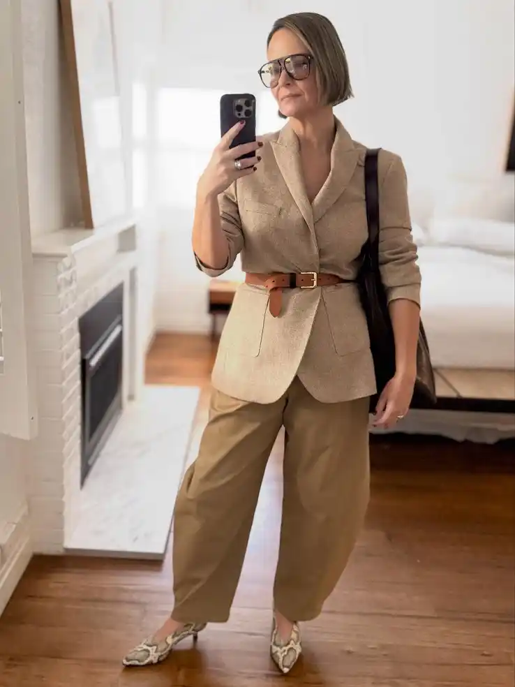 18 Winter Work Outfits for Women Over 40 5 A Belted Blazer That Skips The Boxy Look
