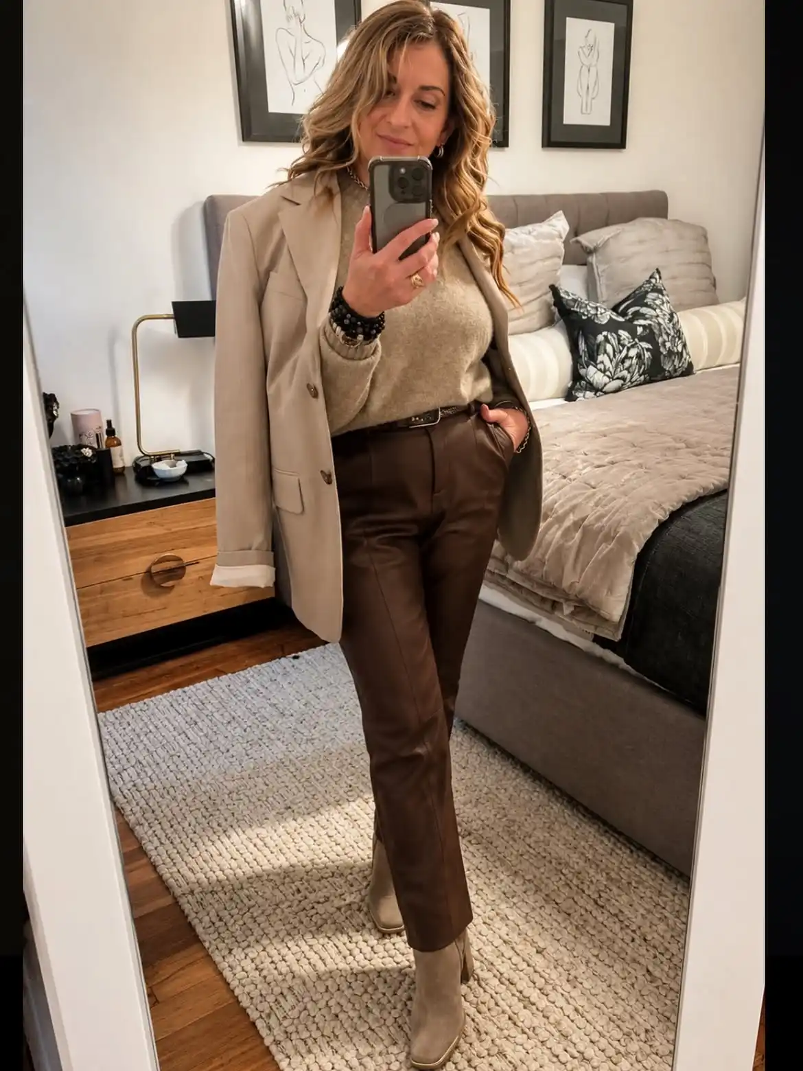 5. Beige Blazer with Faux Leather Pants and Suede Boots