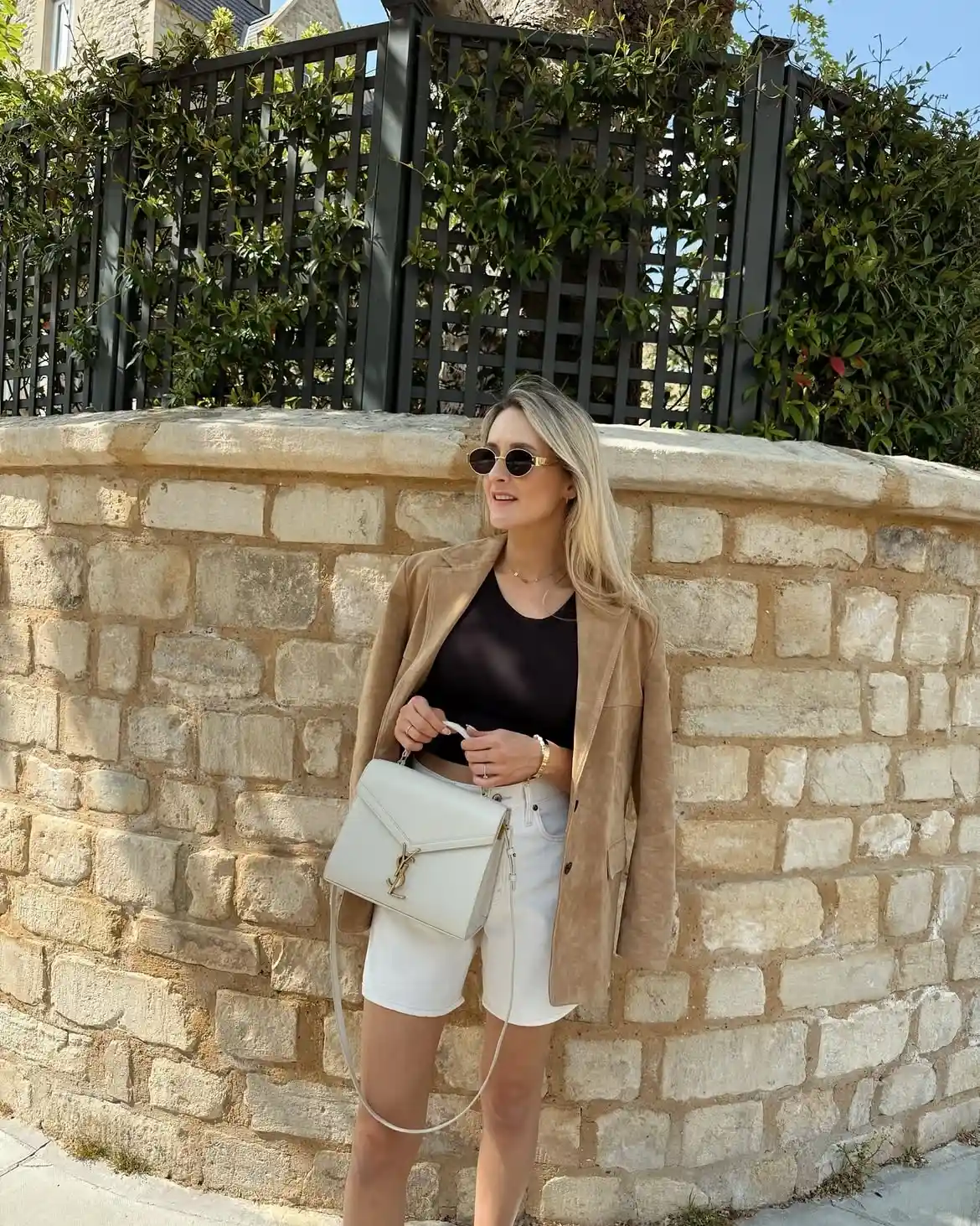 10. Suede Blazer with Black Top and White Denim Shorts