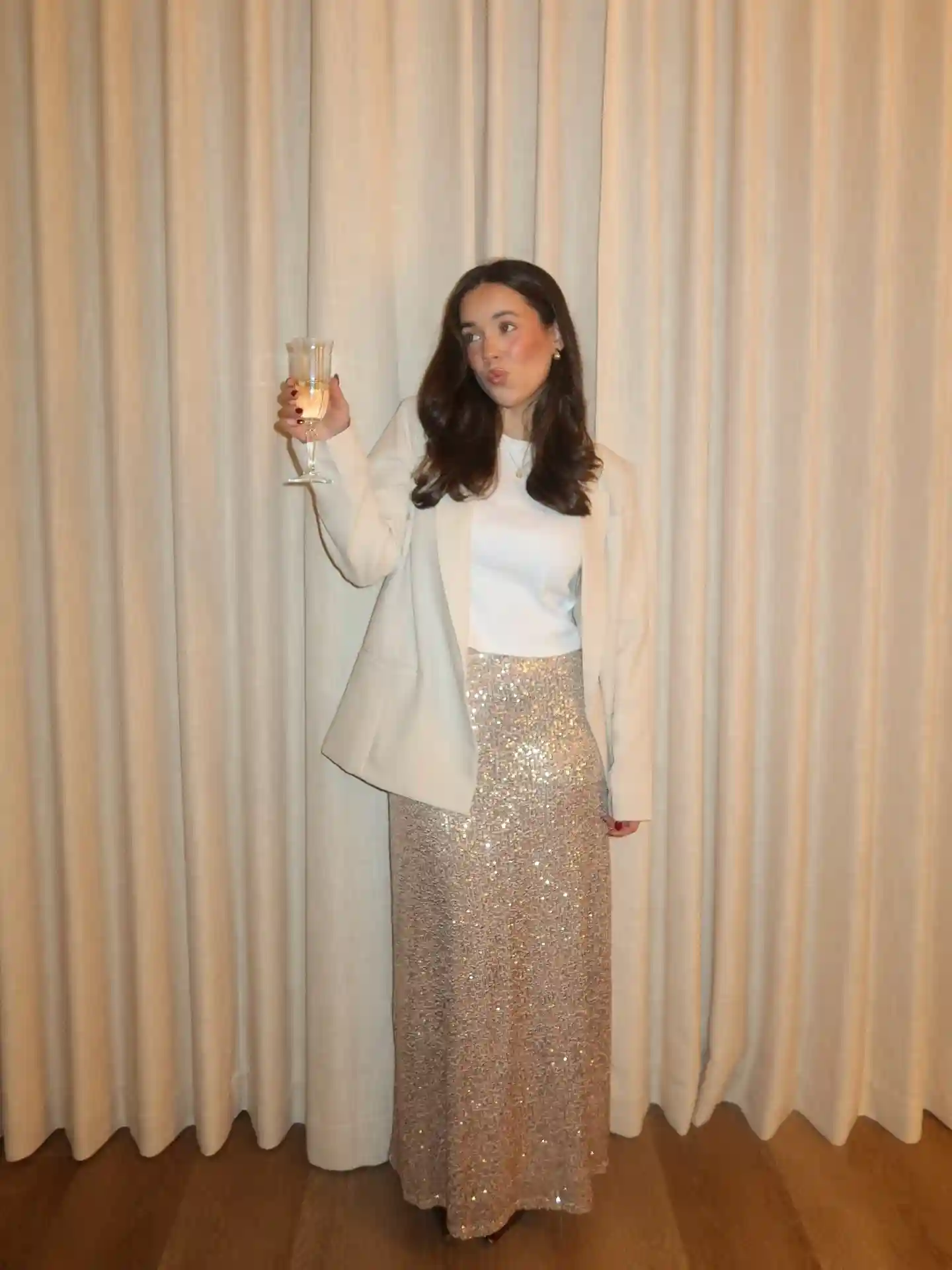 6. Champagne Sequin Maxi Skirt with a Cream Blazer