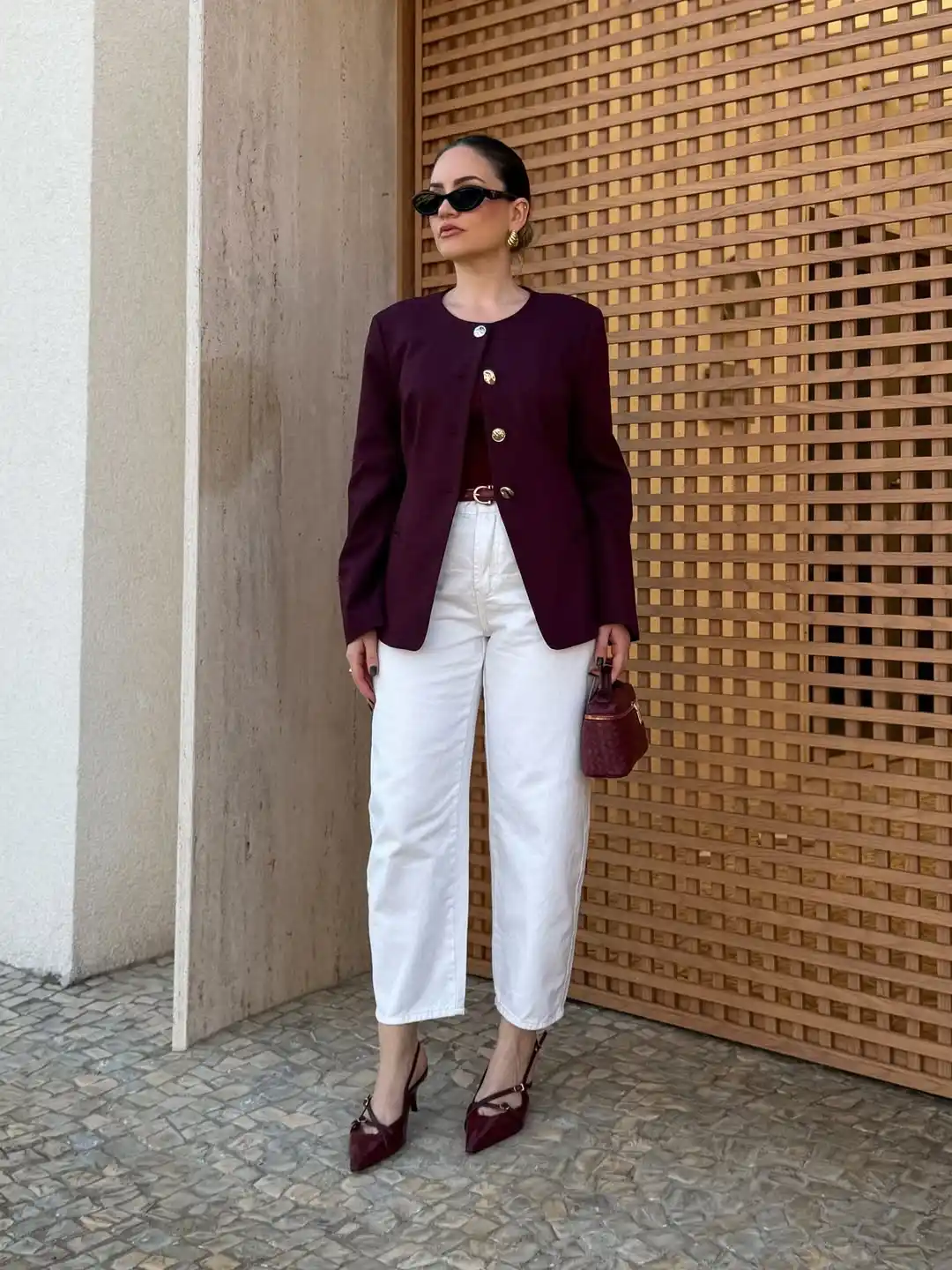 8. Collarless Blazer with White Denim