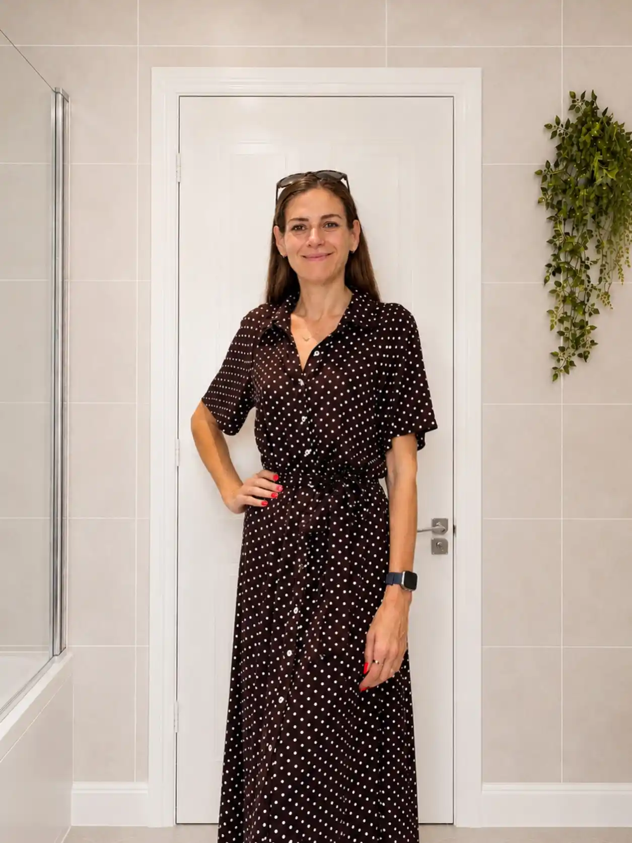 13 Working Mom Outfits Over 40 12 11. Brown Polka Dot Midi Shirt Dress