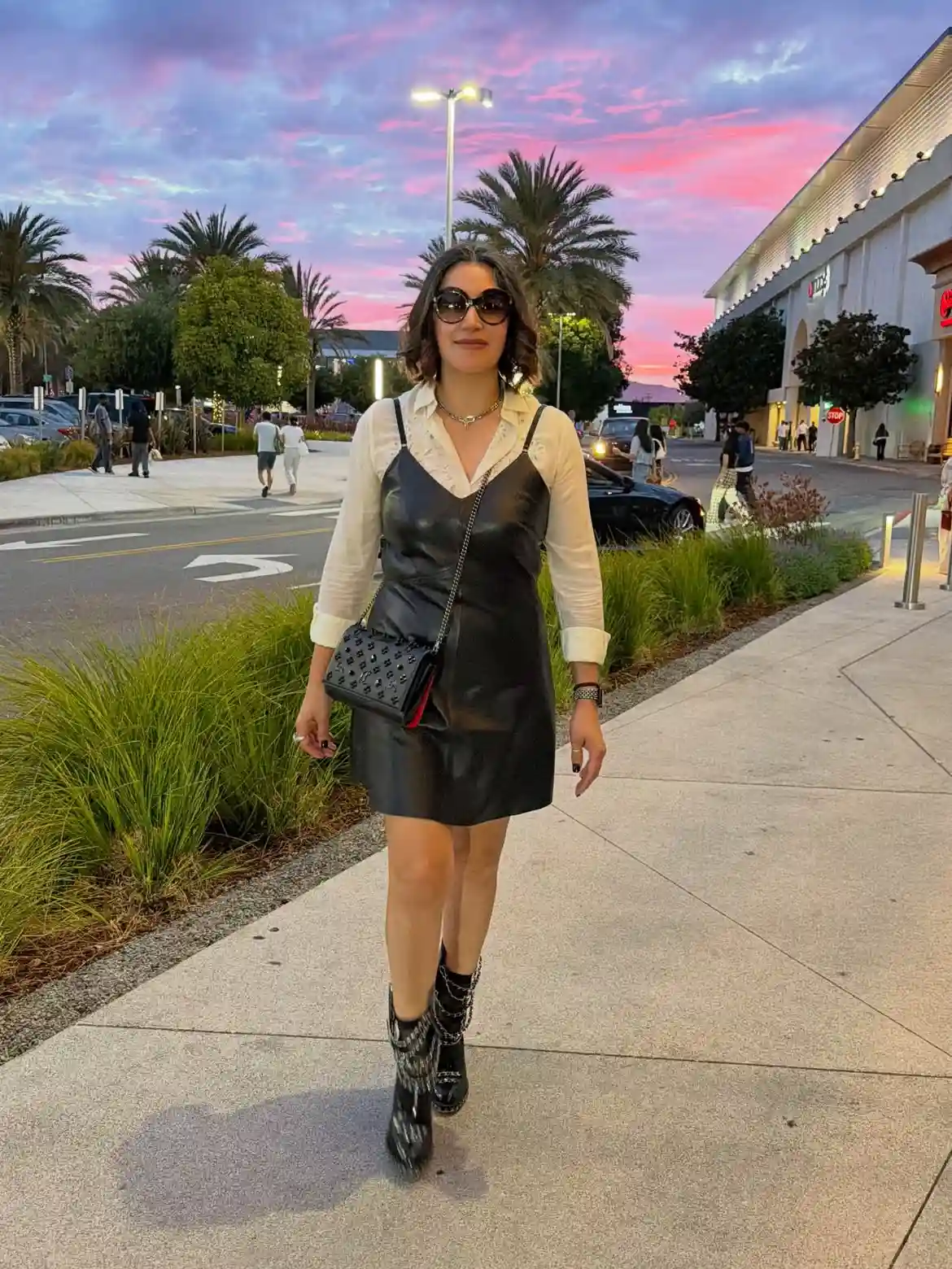 17 Leather Outfits Over 40 (Not Costumey) 17 16. Leather Slip Dress Layered over Button Down Shirt