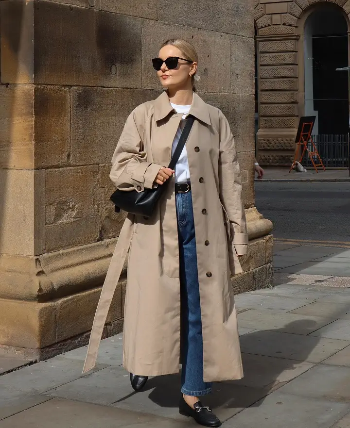 Long Trench With Straight Jeans and Black Loafers