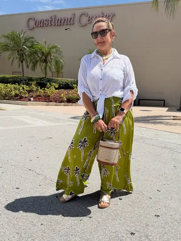 Palm Print Wide Leg Pants With a Tied White Shirt