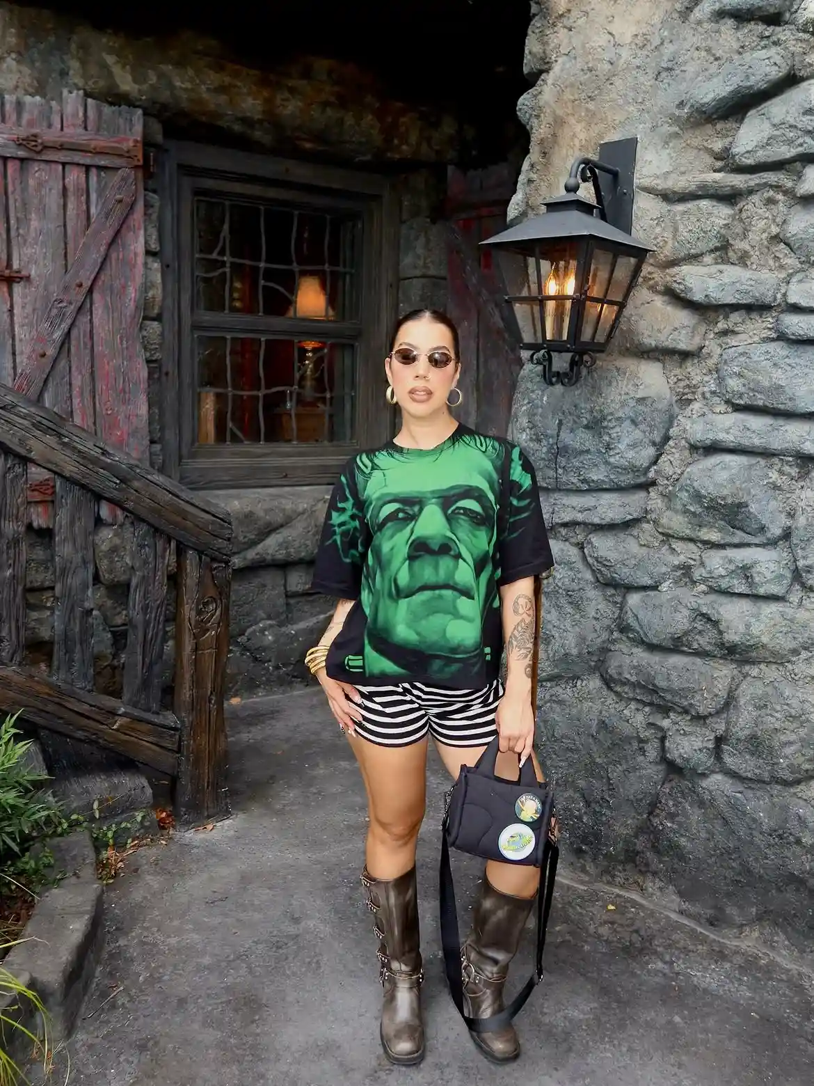 10. Monster Face Tee with Striped Shorts