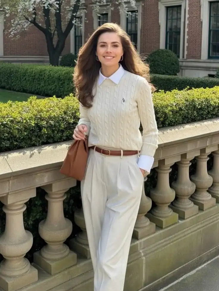 17 Old Money Outfits for Women Over 40 That Look Rich Without Trying 17 A Cable Knit Sweater Over a Collared Shirt With Pleated Trousers