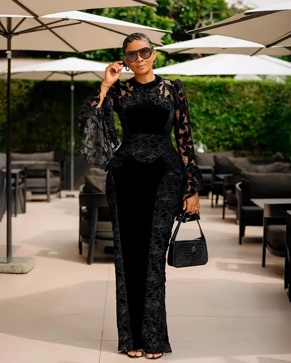 Velvet and Lace Maxi Gown for a Formal Evening Wake