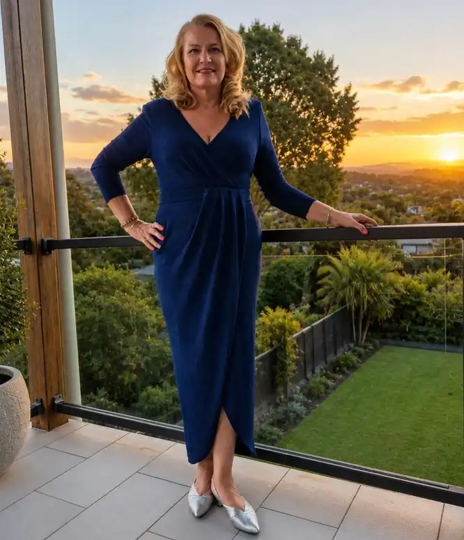 Navy Shimmer Wrap Dress with Silver Flats