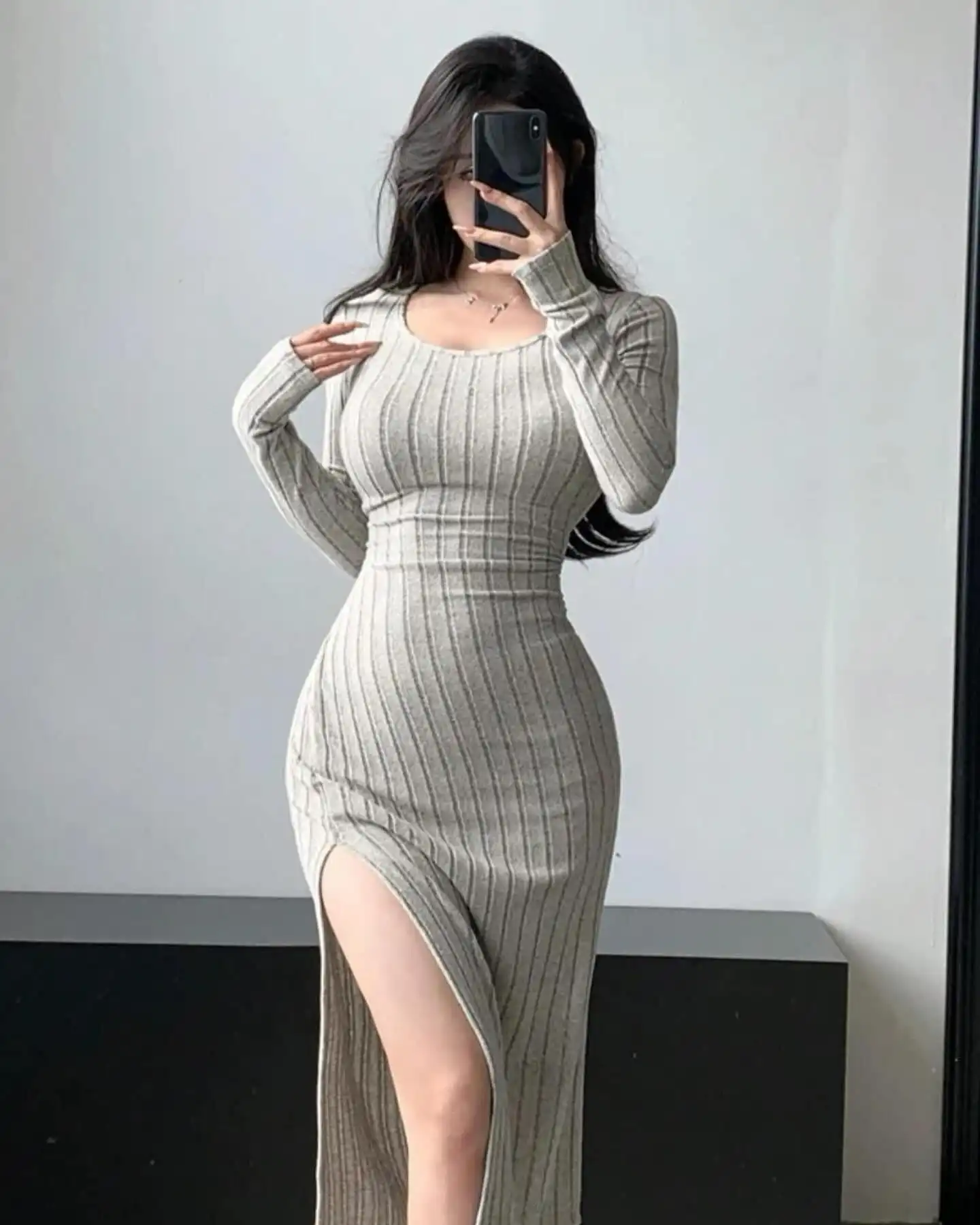 Grey Ribbed Knit Maxi Dress with a Side Slit