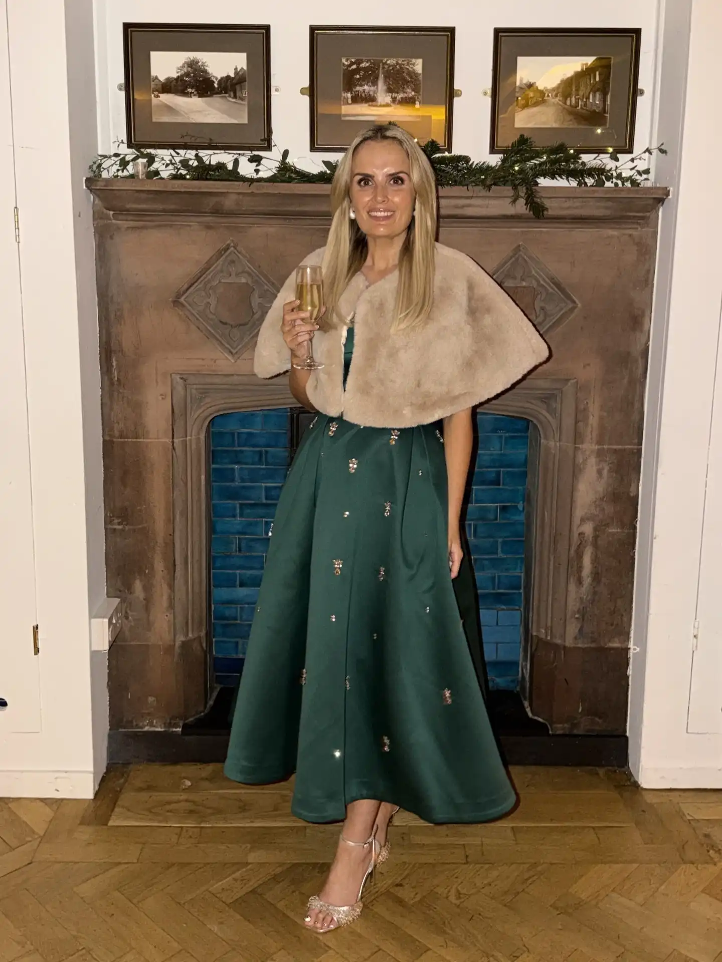 7. Emerald Dress with Faux Fur Wrap