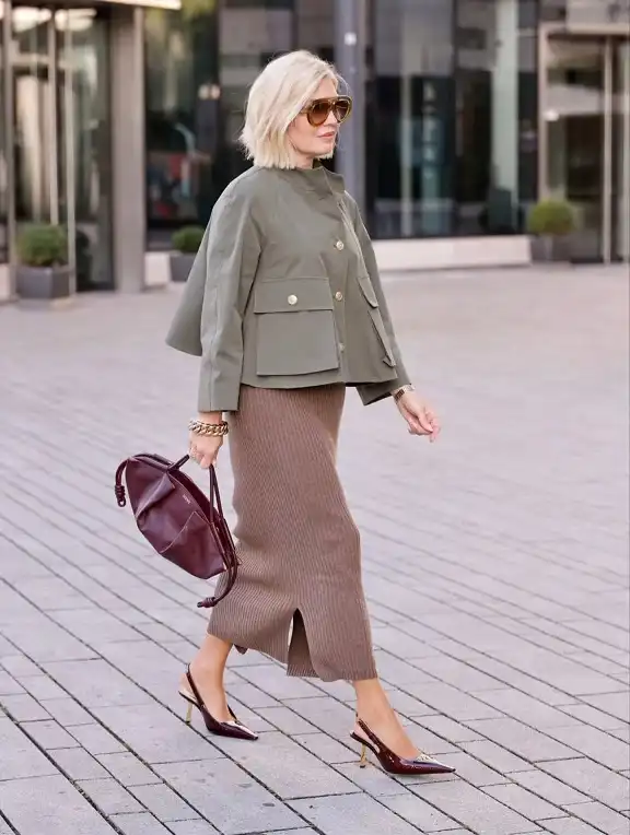 20 Classy Outfits for Women Over 40 13 Olive Swing Jacket with a Ribbed Knit Midi Skirt