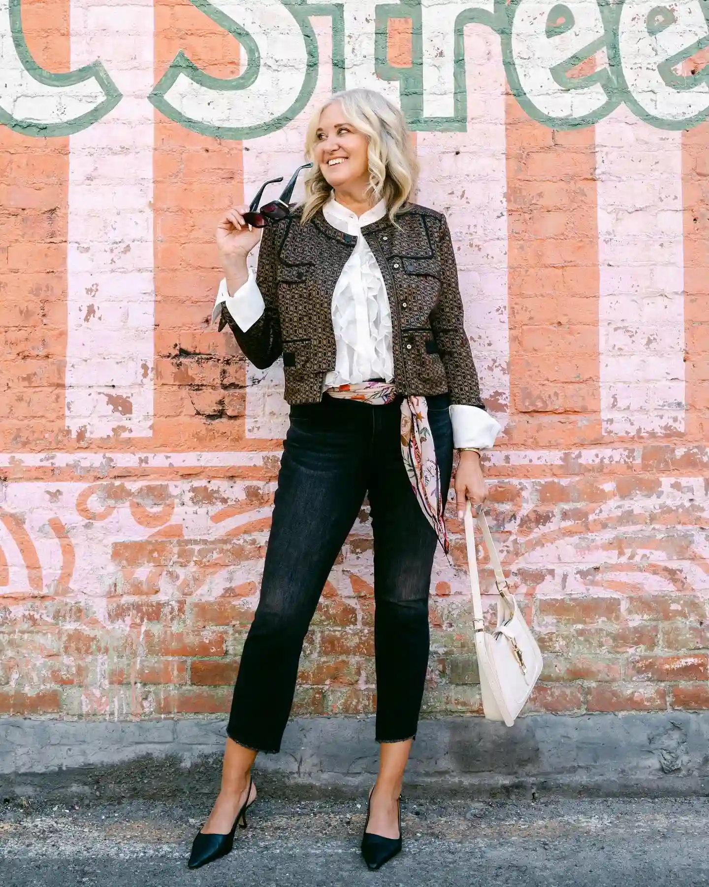14. Tweed Jacket with Ruffled Blouse and Black Denim