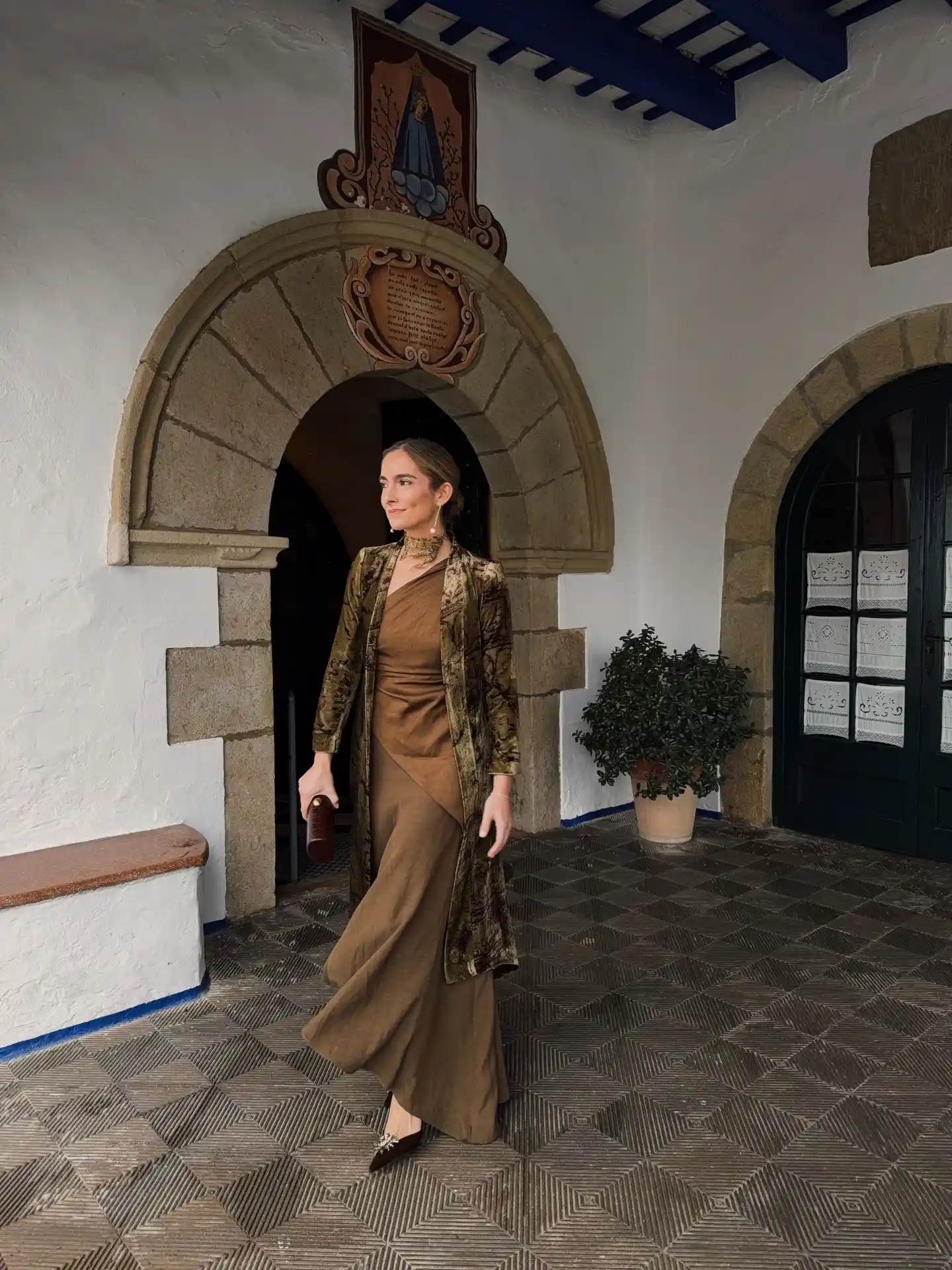 10. Bronze Slip Dress with Velvet Coat