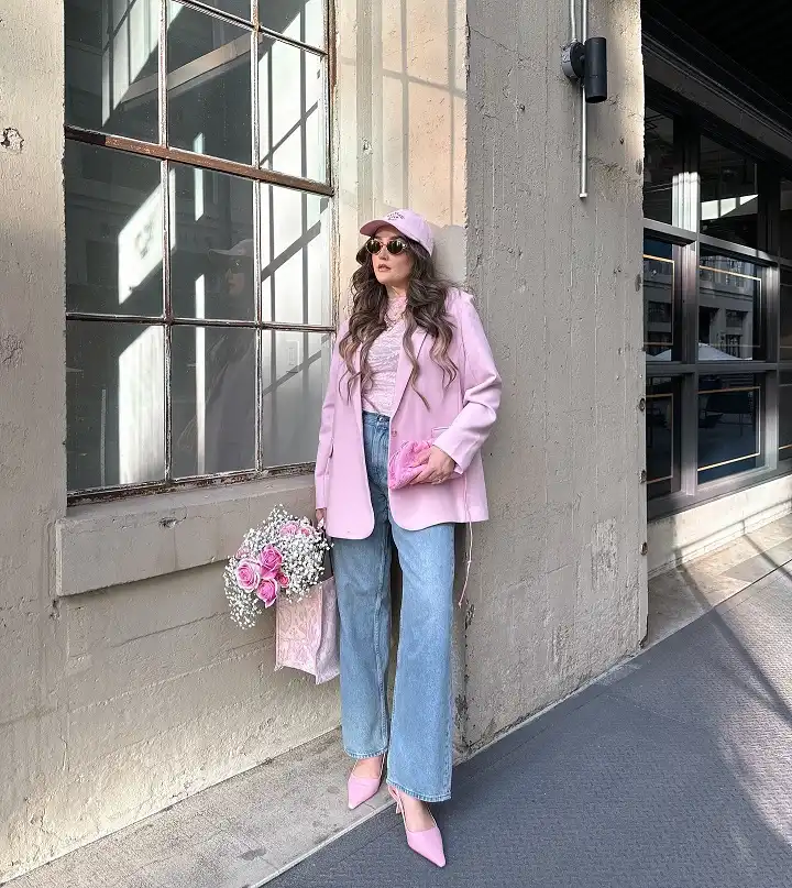 Pink Blazer, Lace Top, and Wide Leg Jeans