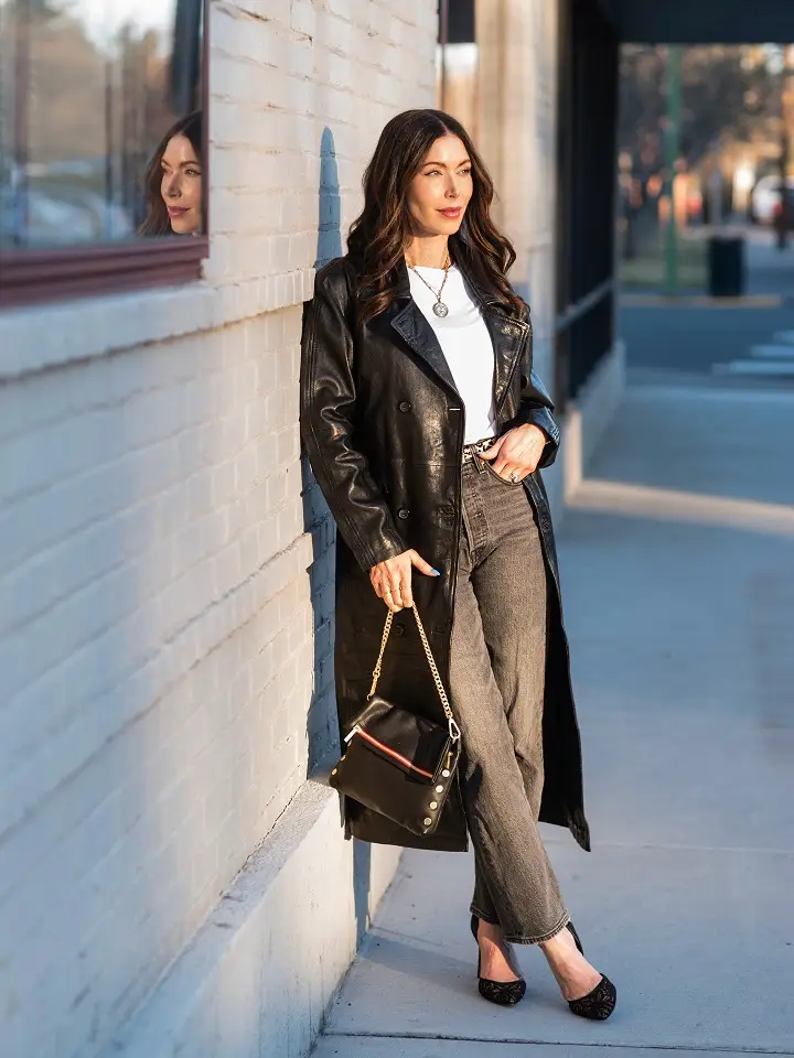 Black Leather Trench With Grey Jeans and Lace Pumps