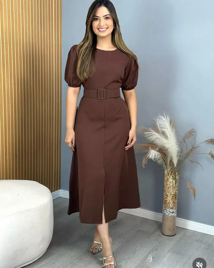Chocolate Brown Belted Midi Dress With Puff Sleeves