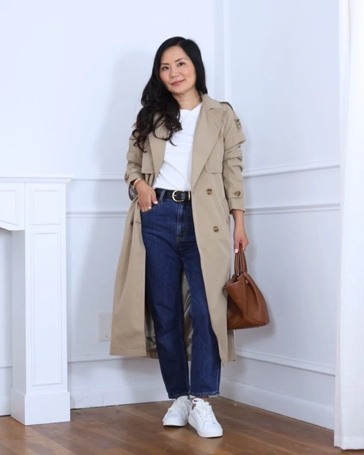 Weekend Trench With Dark Jeans and White Sneakers