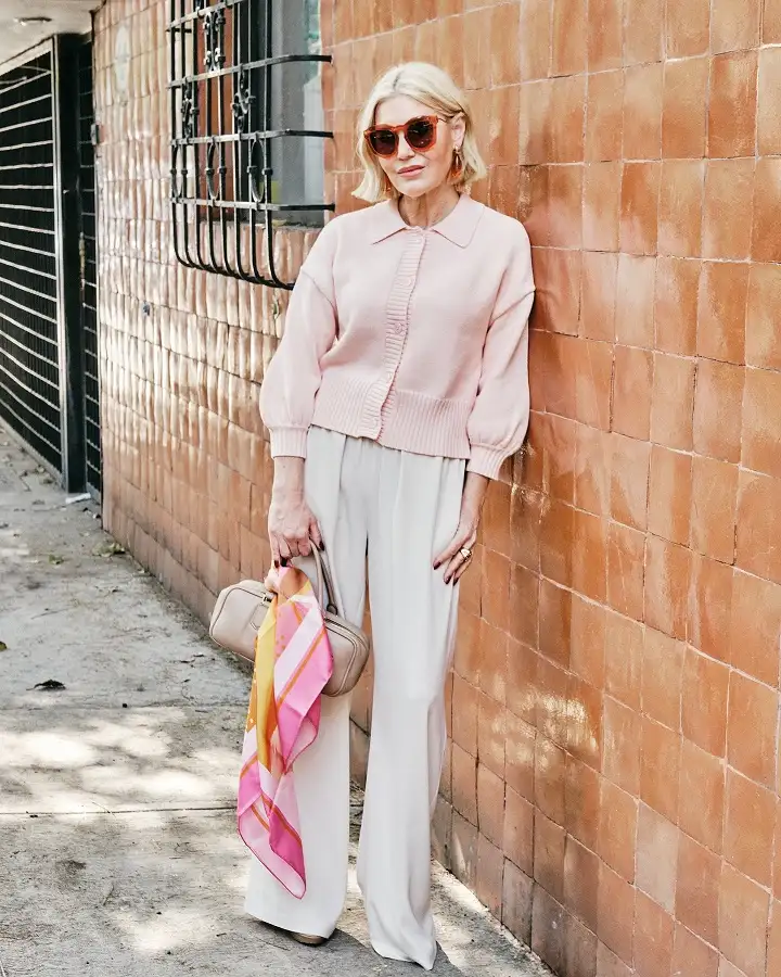 18 Preppy Outfits for Women Over 40 5 Pink Collared Cardigan With Cream Wide Trousers