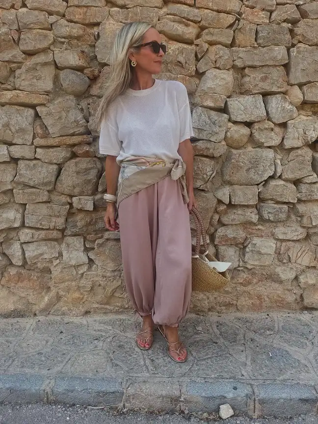 Blush Satin Harem Pants With a Silk Scarf Belt
