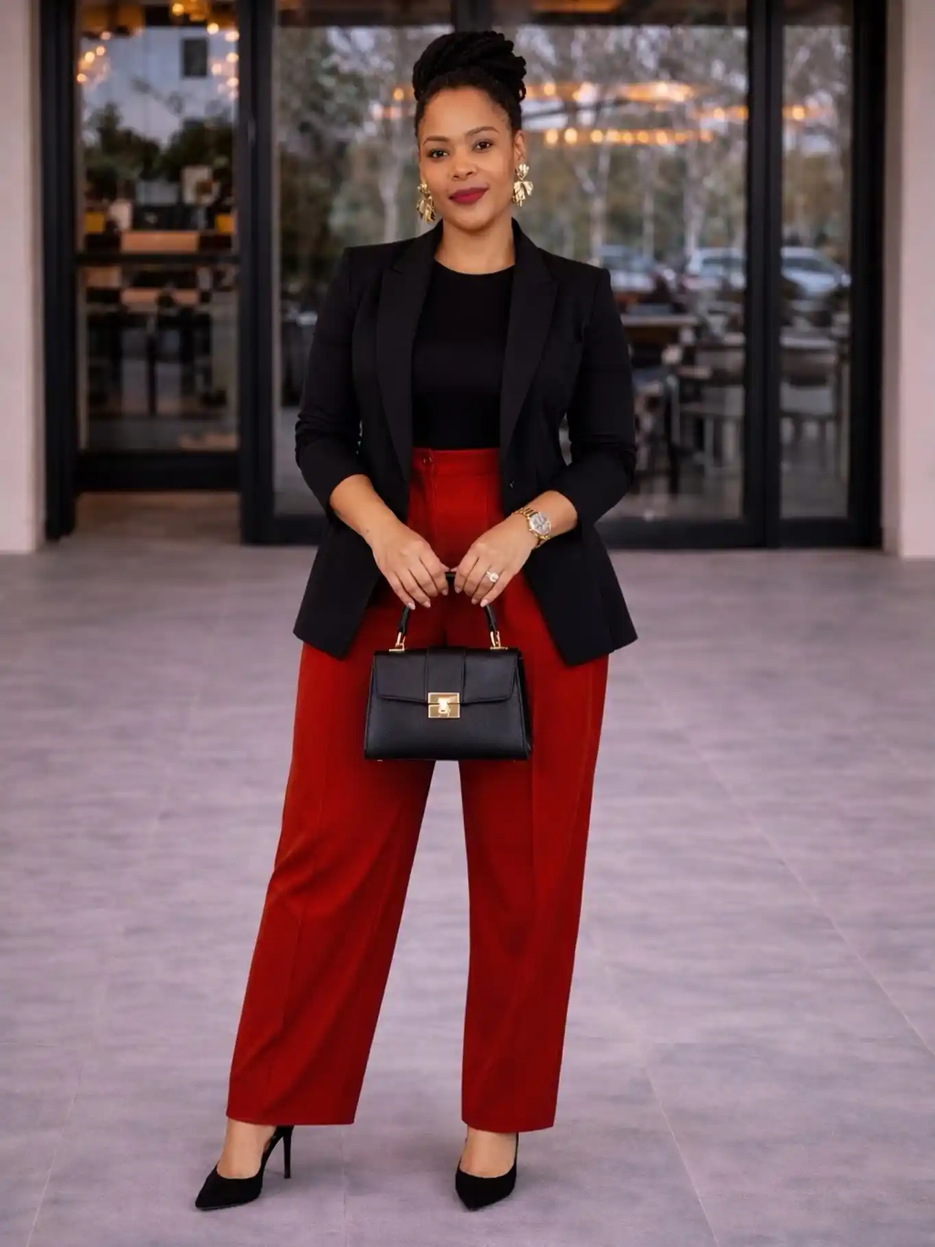 13 Working Mom Outfits Over 40 7 6. Black Blazer and Rust Red Trousers