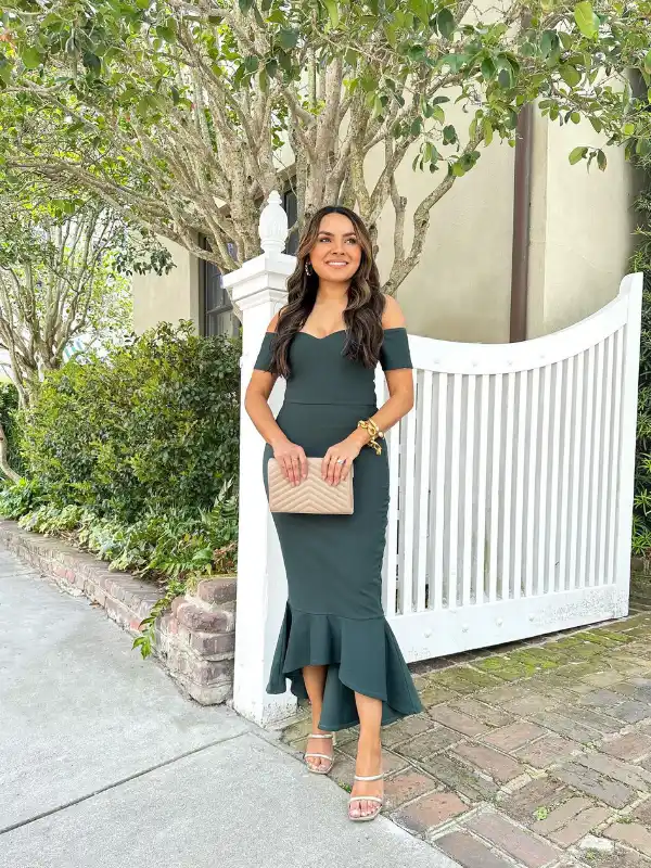 17 Fall Wedding Guest Dresses Over 40 That Look Expensive 6 5. Hunter Green Off Shoulder Trumpet Dress
