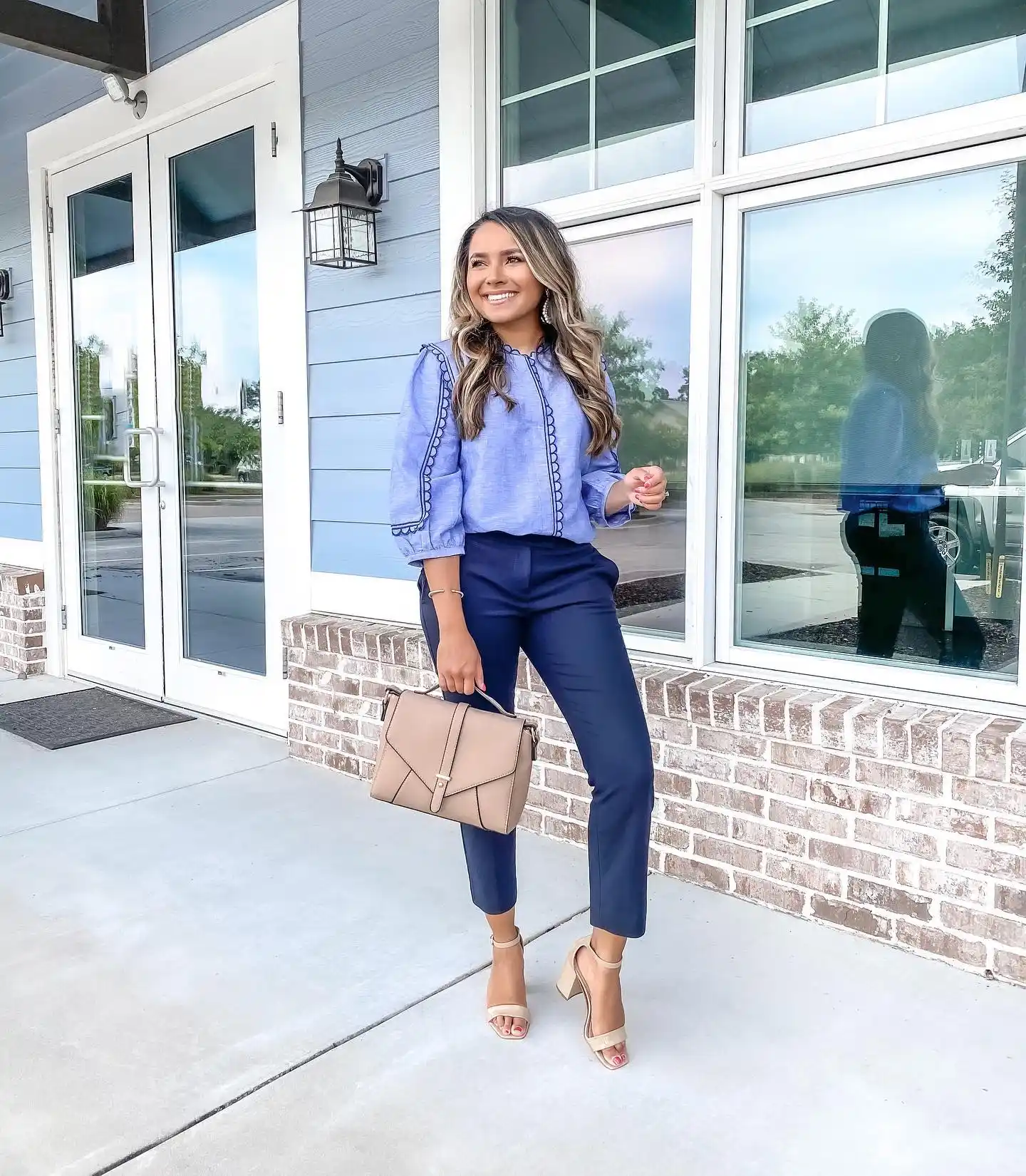 13 Working Mom Outfits Over 40 13 12. Periwinkle Blouse and Navy Cropped Trousers