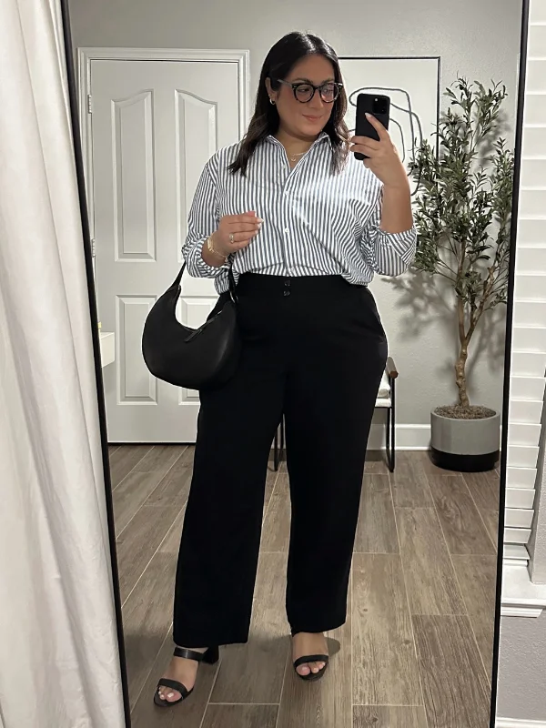15 Business Casual Outfits for Women Over 40 15 14. Striped Button Down with Black Wide Leg Pants