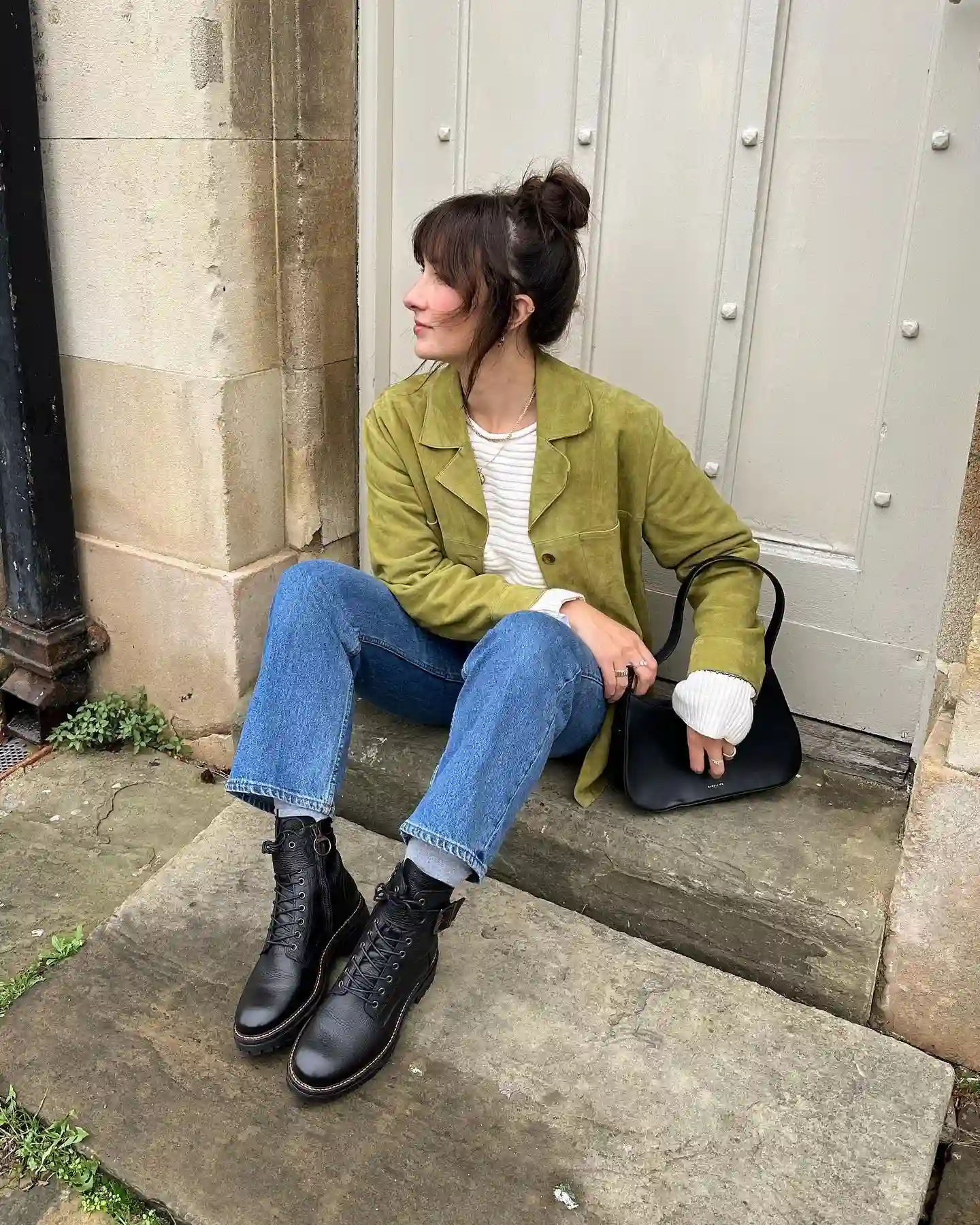 20 Ankle Boot Outfits for Women Over 40 9 8. Olive Jacket with Black Lace Up Boots