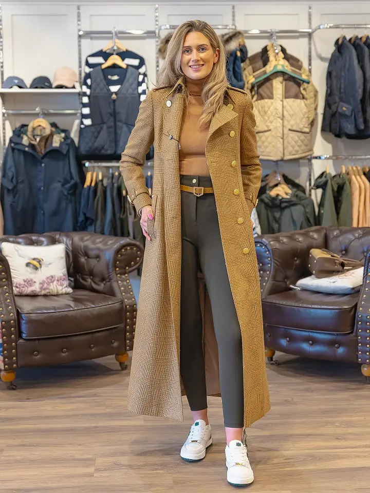 Long Check Trench With Olive Trousers and White Sneakers