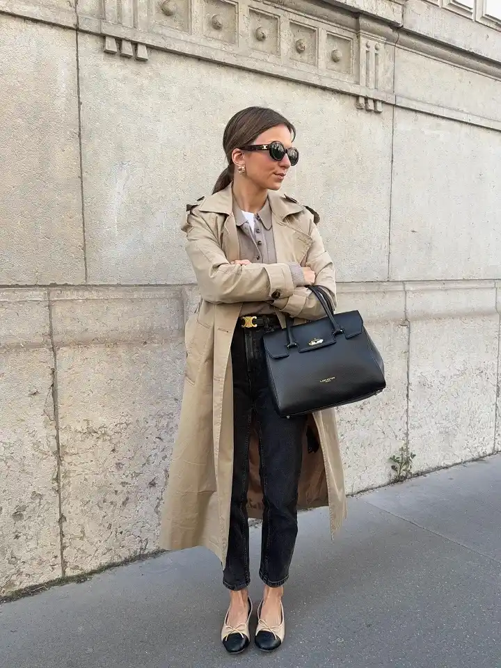 Trench With a Knit Polo and Bow Ballet Flats