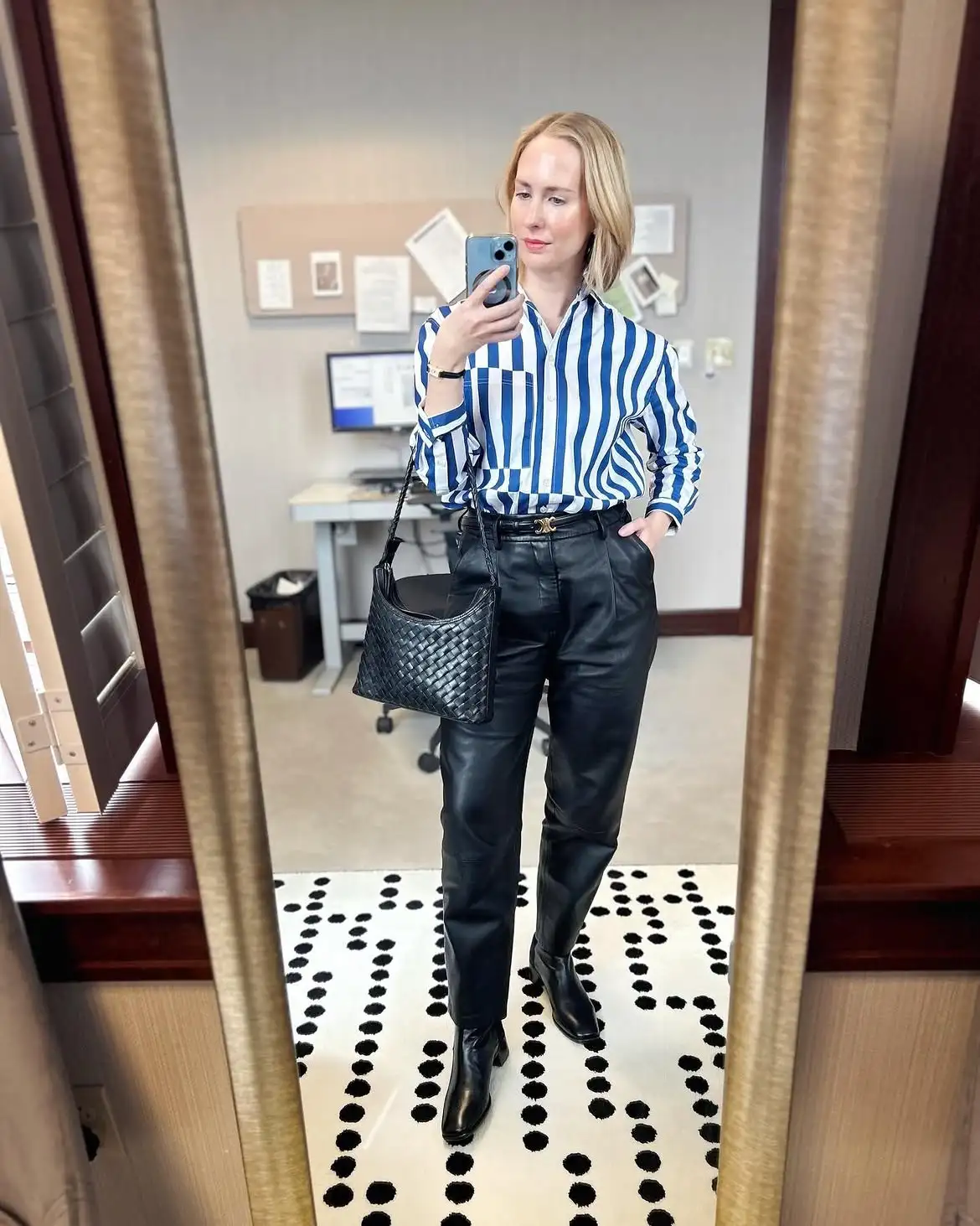 17 Leather Outfits Over 40 (Not Costumey) 14 13. Tapered Leather Pants with Striped Button Down