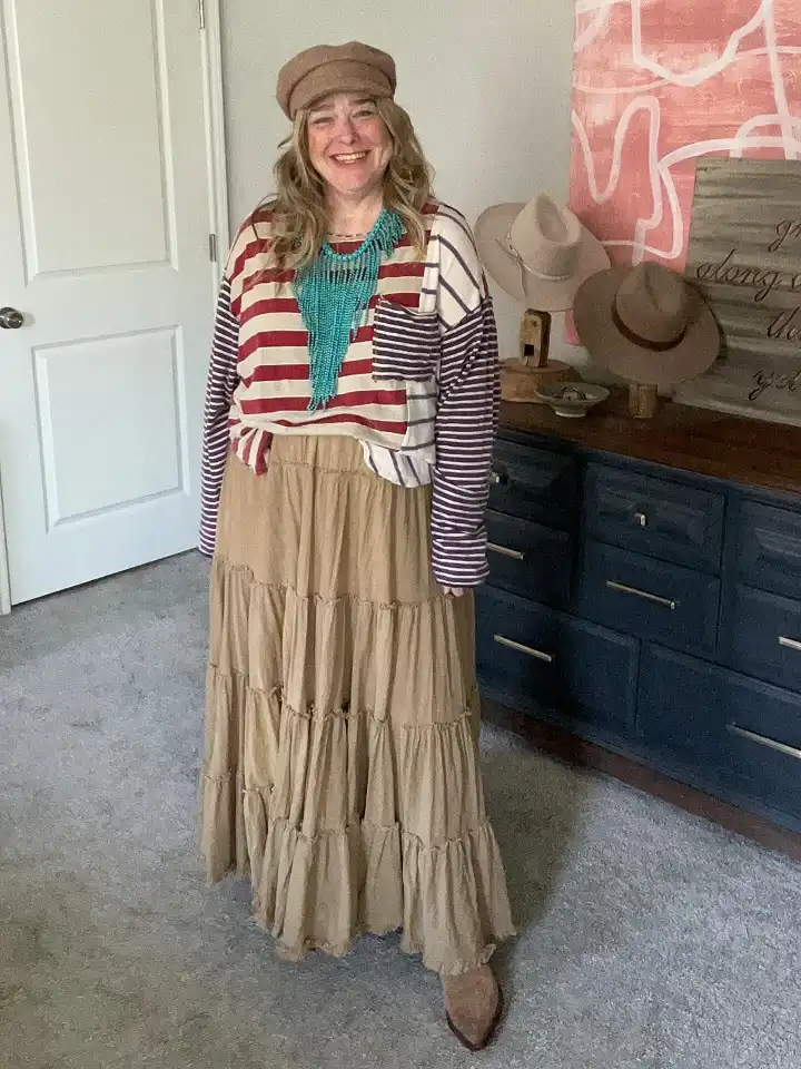 18 Boho Outfits for Women Over 40 (Not Costume-y) 4 Mixed Stripe Tee with a Khaki Tiered Maxi Skirt