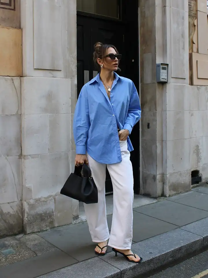Oversized Blue Shirt with Ecru Wide Jeans