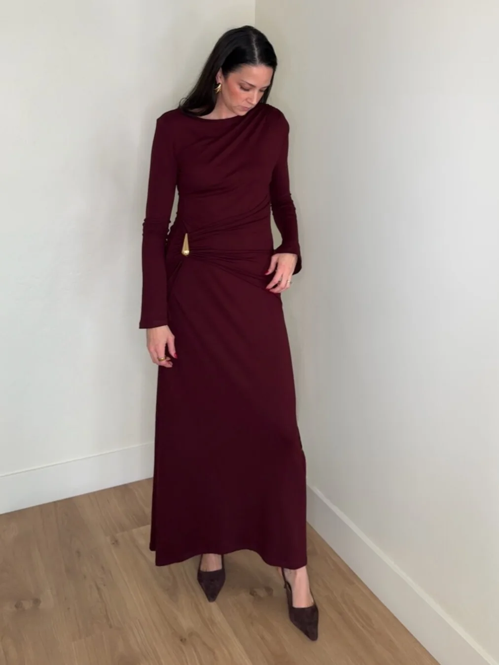 15 Fall Date Night Outfits Over 40 That Look Expensive Without Trying 15 14. Ruched Wine Maxi with a Gold Hardware Detail