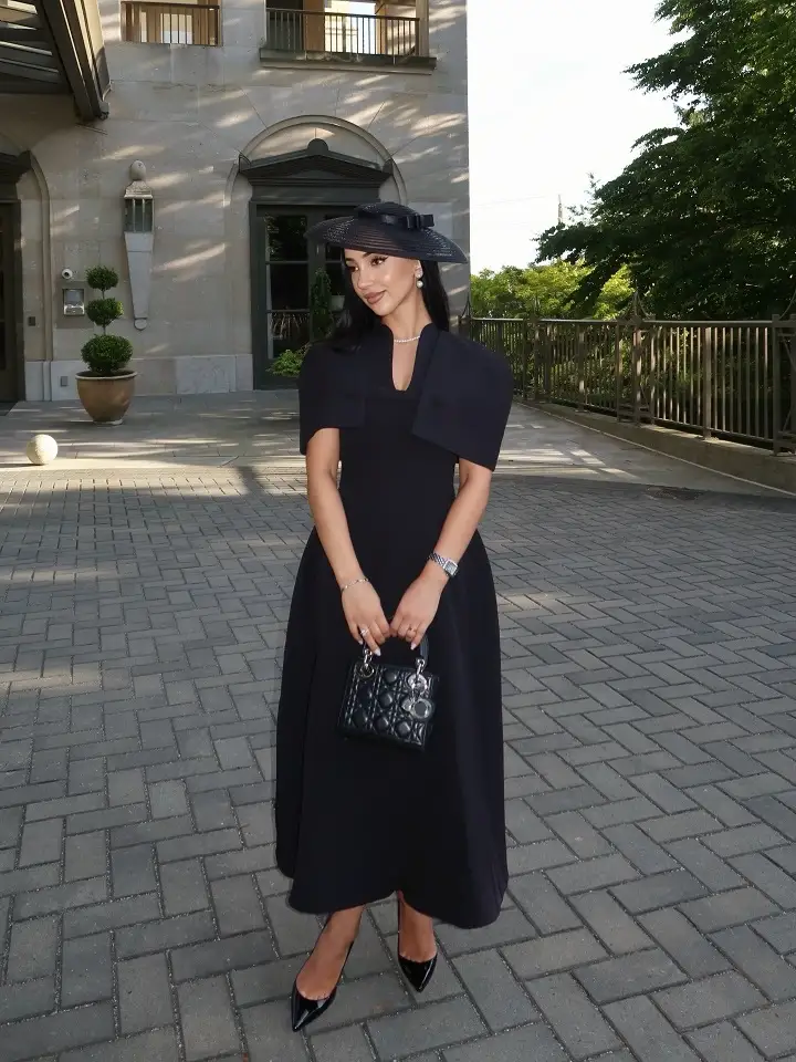 Cape Shoulder Midi Dress With a Sheer Brimmed Hat