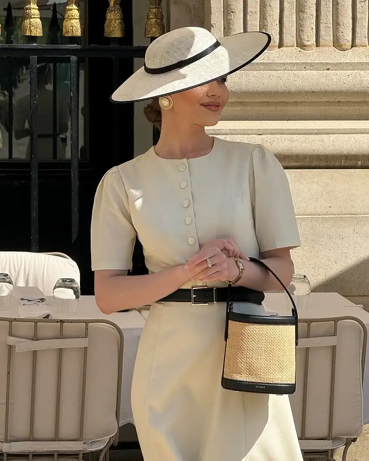 17 Old Money Outfits for Women Over 40 That Look Rich Without Trying 2 A Cream Button Dress and Wide Brim Hat for Garden Parties