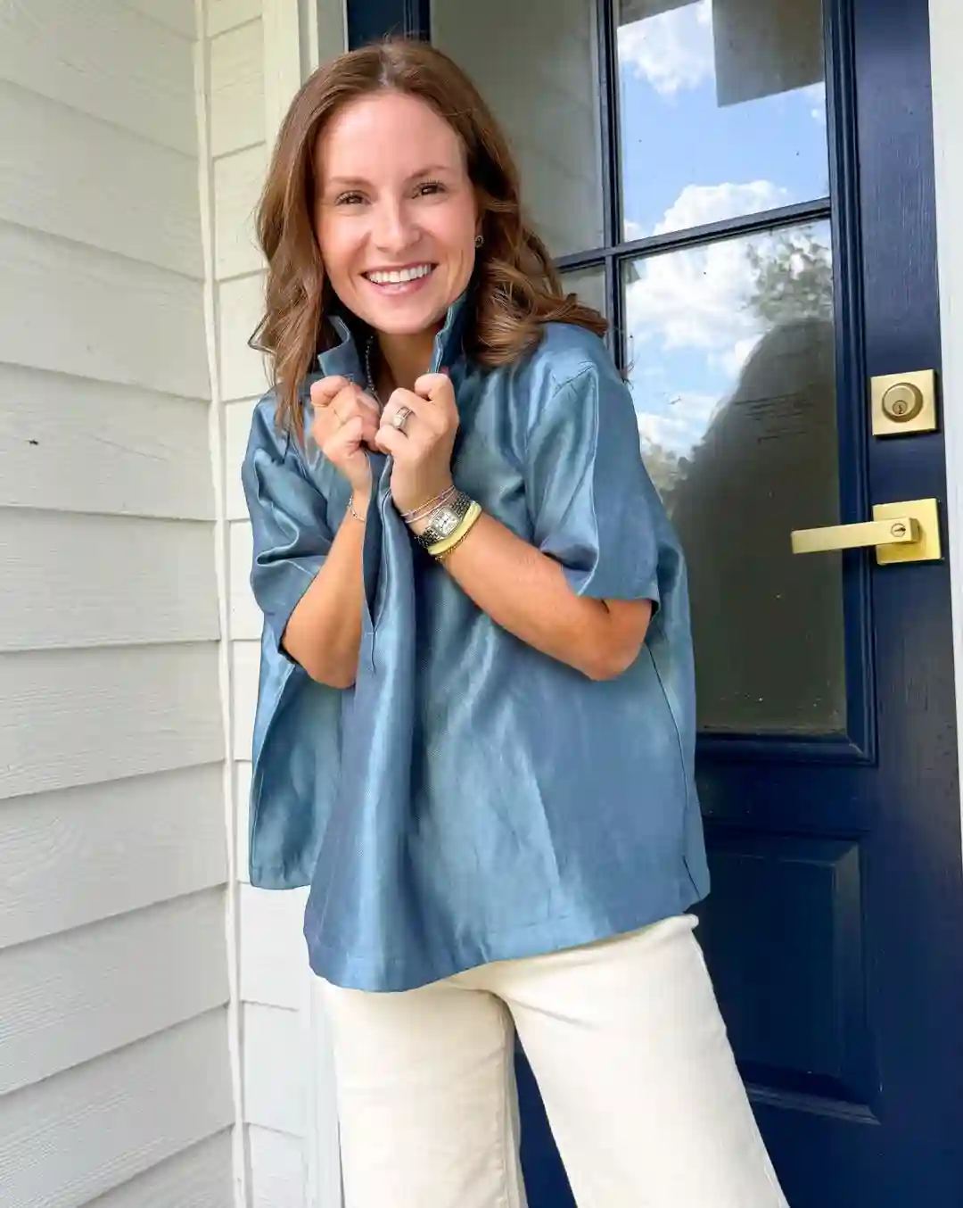 6. Shimmer Blue Top With Cream Pants