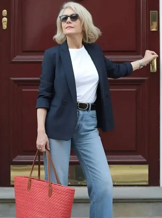 20 Classy Outfits for Women Over 40 8 Navy Blazer, White Tee, and Light Wash Jeans