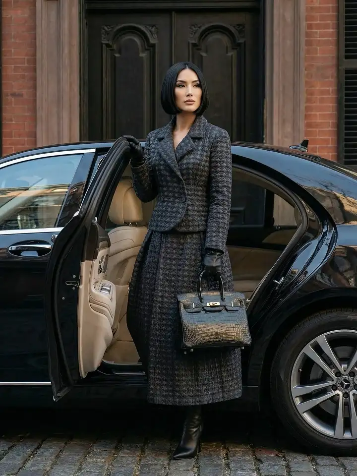 20 Quiet Luxury Outfits for Women Over 40 (Old Money Style, Real-Life Ready) 8 Charcoal Textured Skirt Suit for Winter Days