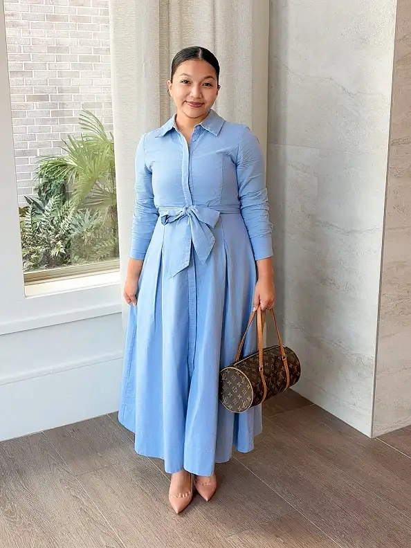 Light Blue Long Sleeve Shirt Dress With a Tie Waist
