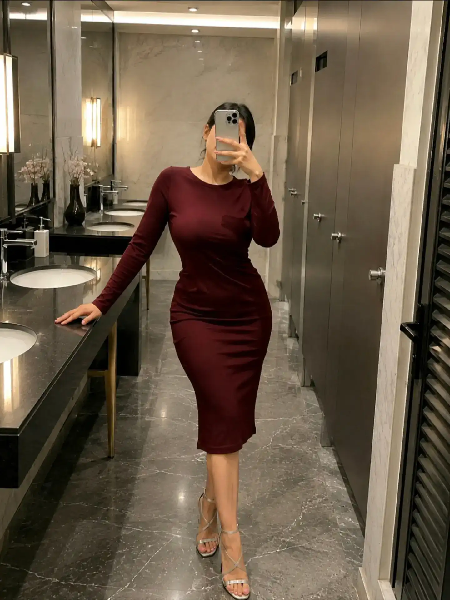 Burgundy Jersey Midi Dress with Strappy Heels