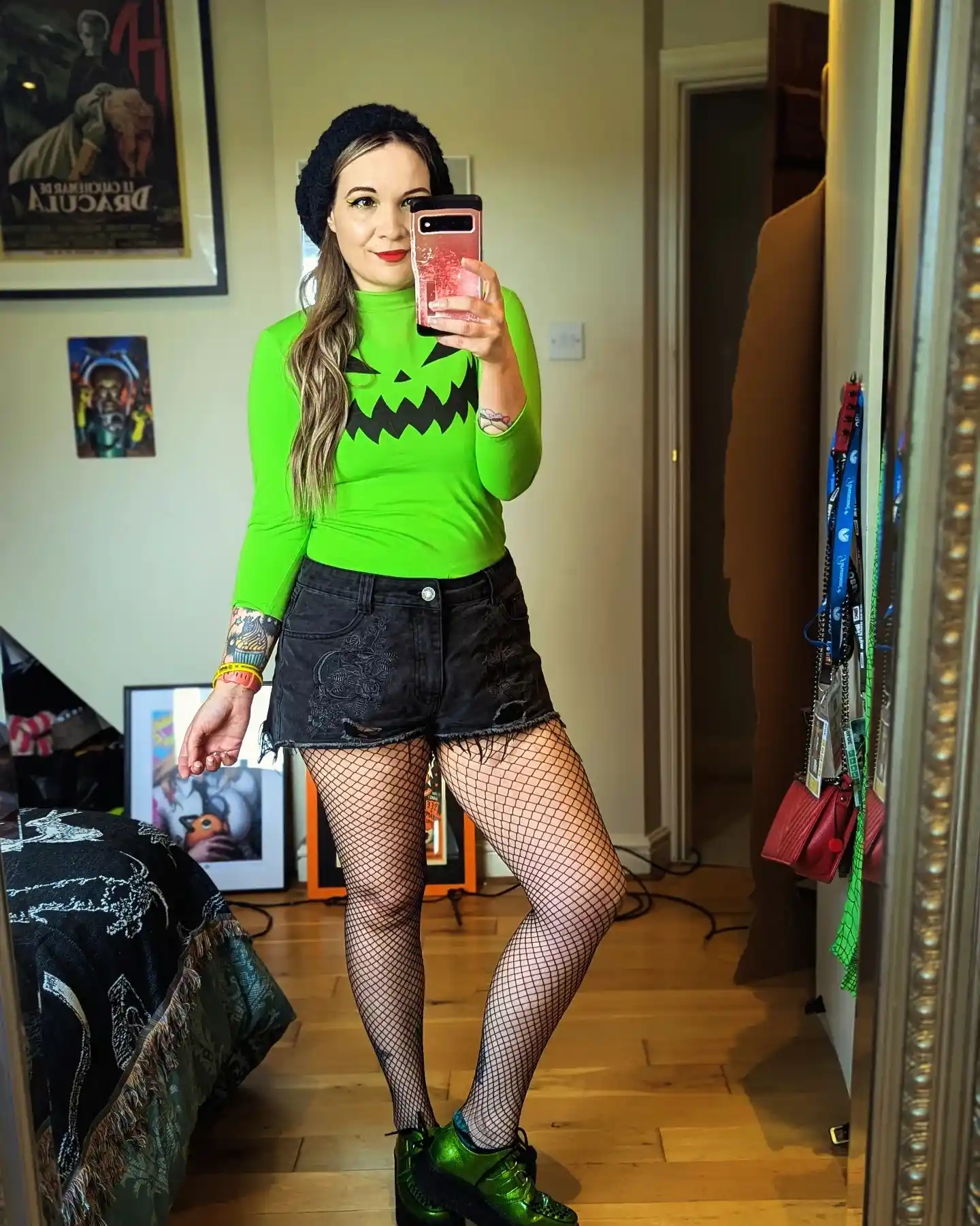 8. Neon Green Pumpkin Face Top