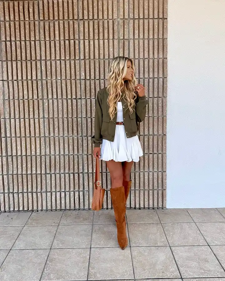 15 Fall Date Night Outfits Over 40 That Look Expensive Without Trying 13 12. White Ruffle Mini with Olive Jacket and Tan Suede Boots