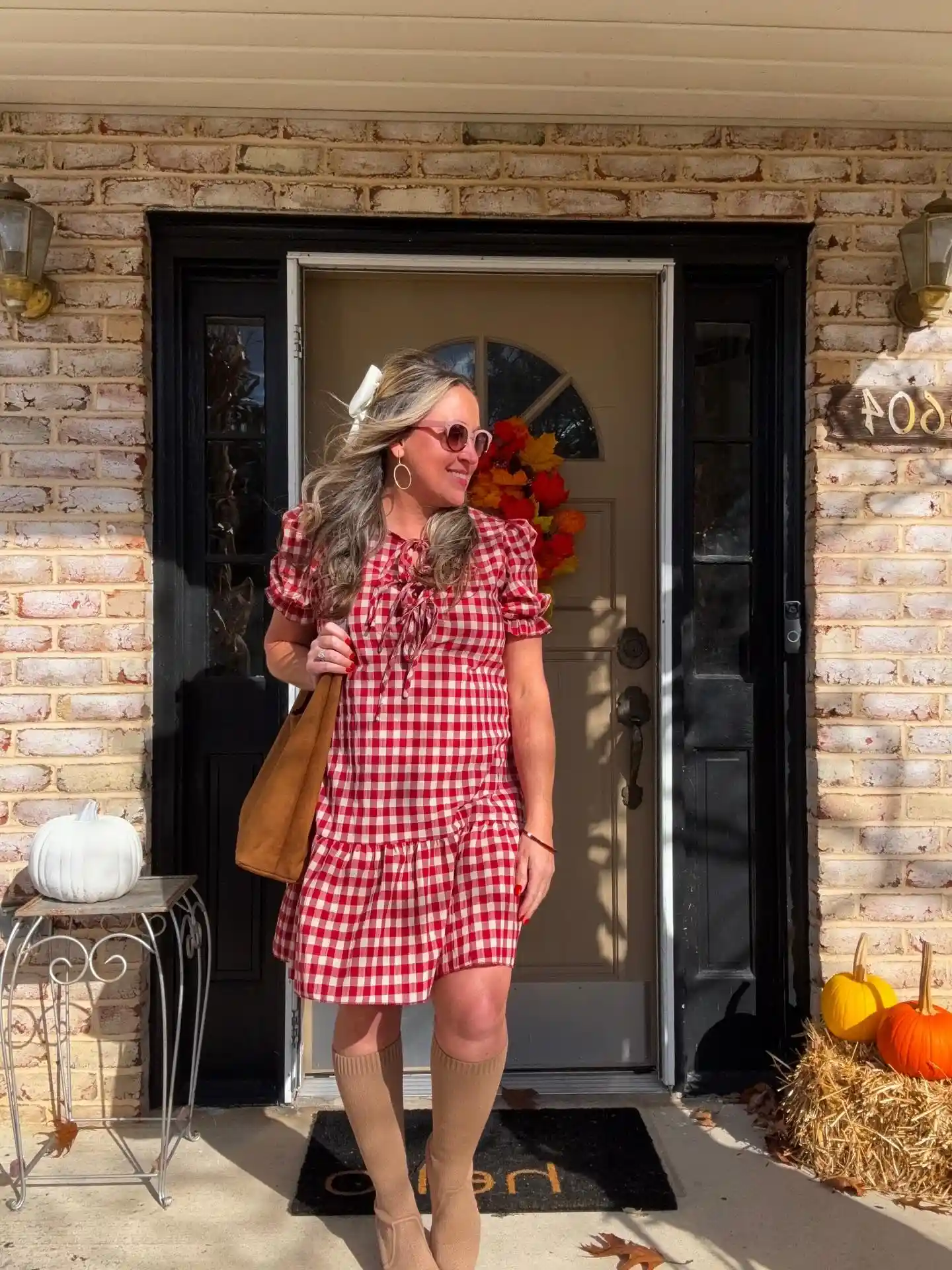 5. Gingham Puff Sleeve Dress with Knee High Boots
