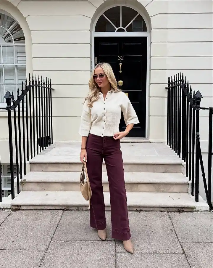 15 Fall Date Night Outfits Over 40 That Look Expensive Without Trying 16 15. Wide Leg Burgundy Trousers with a Cream Collared Cardigan